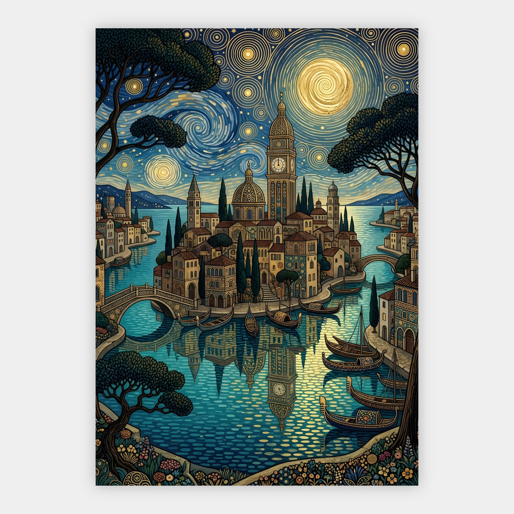 Mittelmeerdorf am Wasser unter goldenem Ornament-Nachthimmel