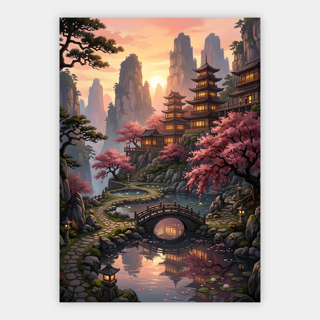 Pagode zwischen Karstbergen und Kirschblüten im Sonnenuntergang