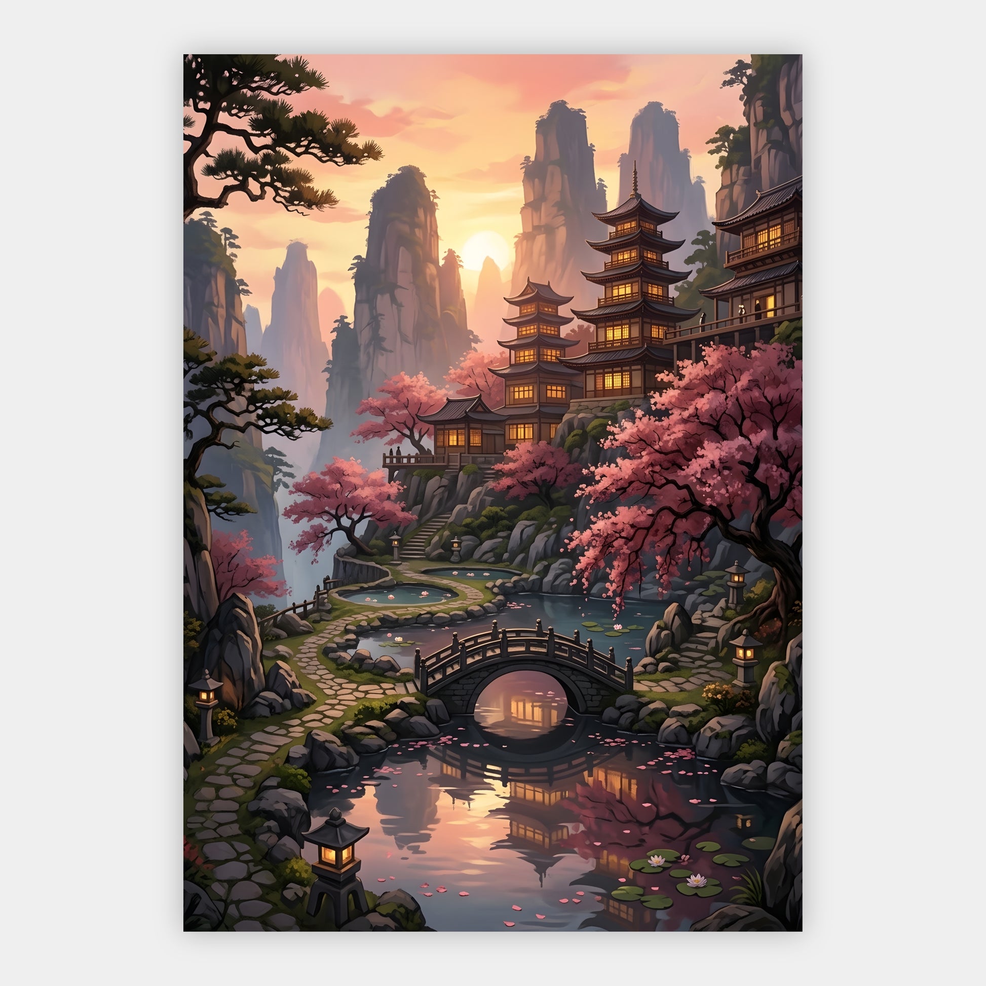 Pagode zwischen Karstbergen und Kirschblüten im Sonnenuntergang