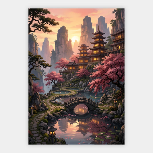 Pagode zwischen Karstbergen und Kirschblüten im Sonnenuntergang