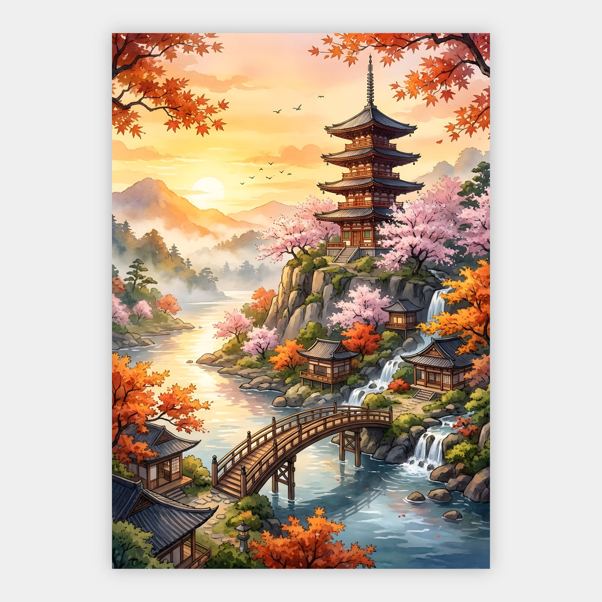 Pagode über einem Wasserfall zwischen Herbstlaub und Kirschblüten