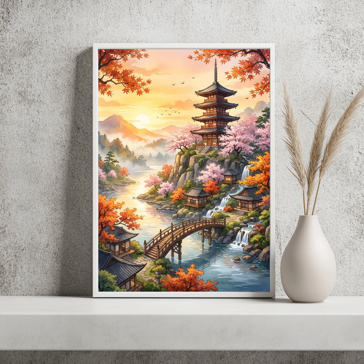 Pagode über einem Wasserfall zwischen Herbstlaub und Kirschblüten