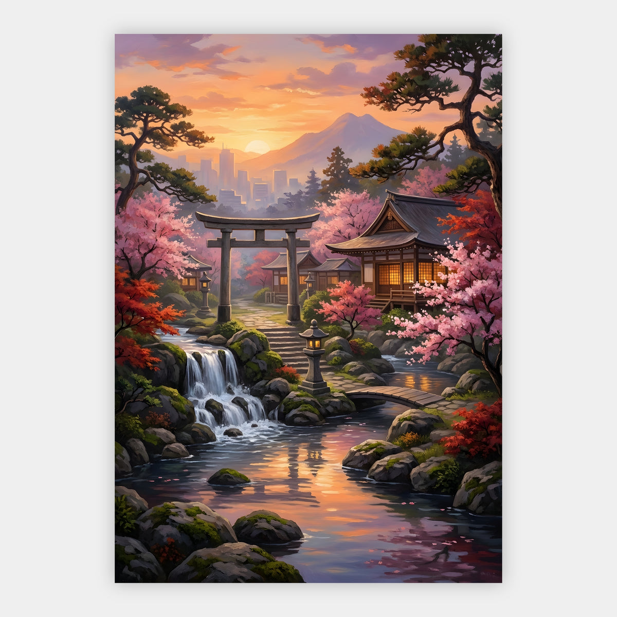 Torii-Tor vor einem Schrein am Wasserfall mit schwimmenden Lampions