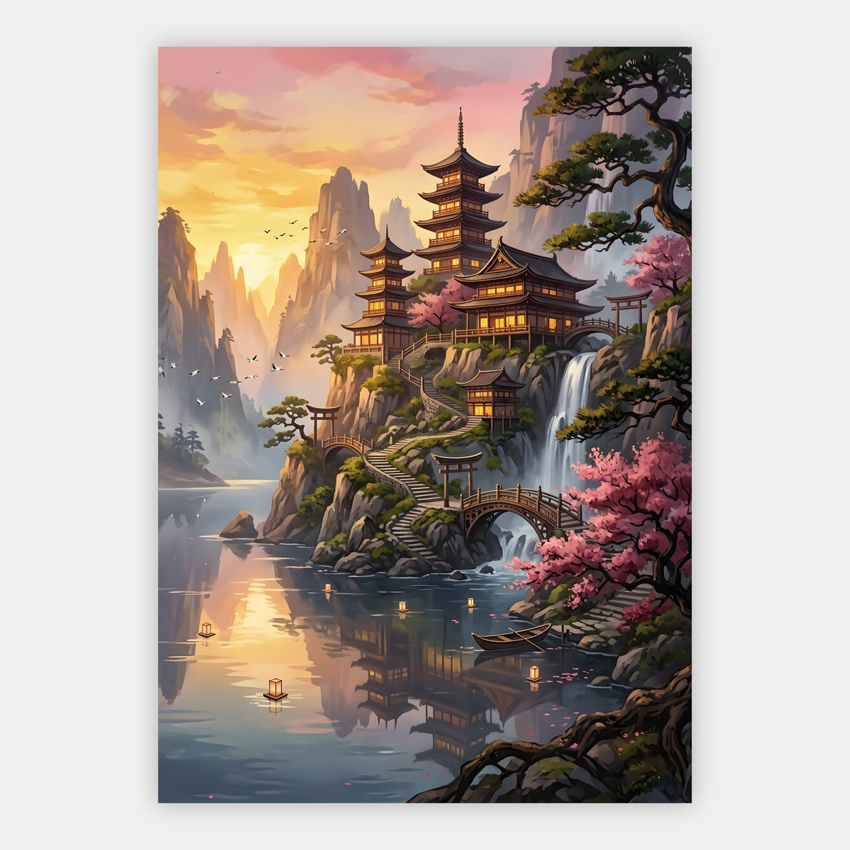 Tempelpfad mit Torii-Toren entlang eines Wasserfalls im Sonnenuntergang