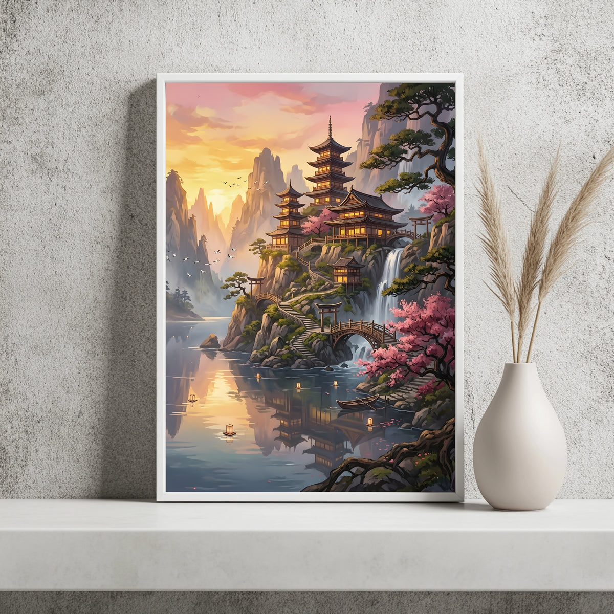 Tempelpfad mit Torii-Toren entlang eines Wasserfalls im Sonnenuntergang