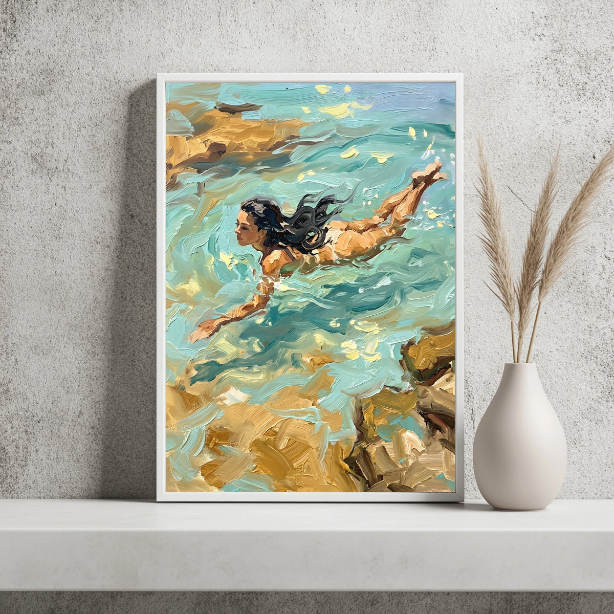 Schwimmerin an der Küste Poster – Produktansicht 3