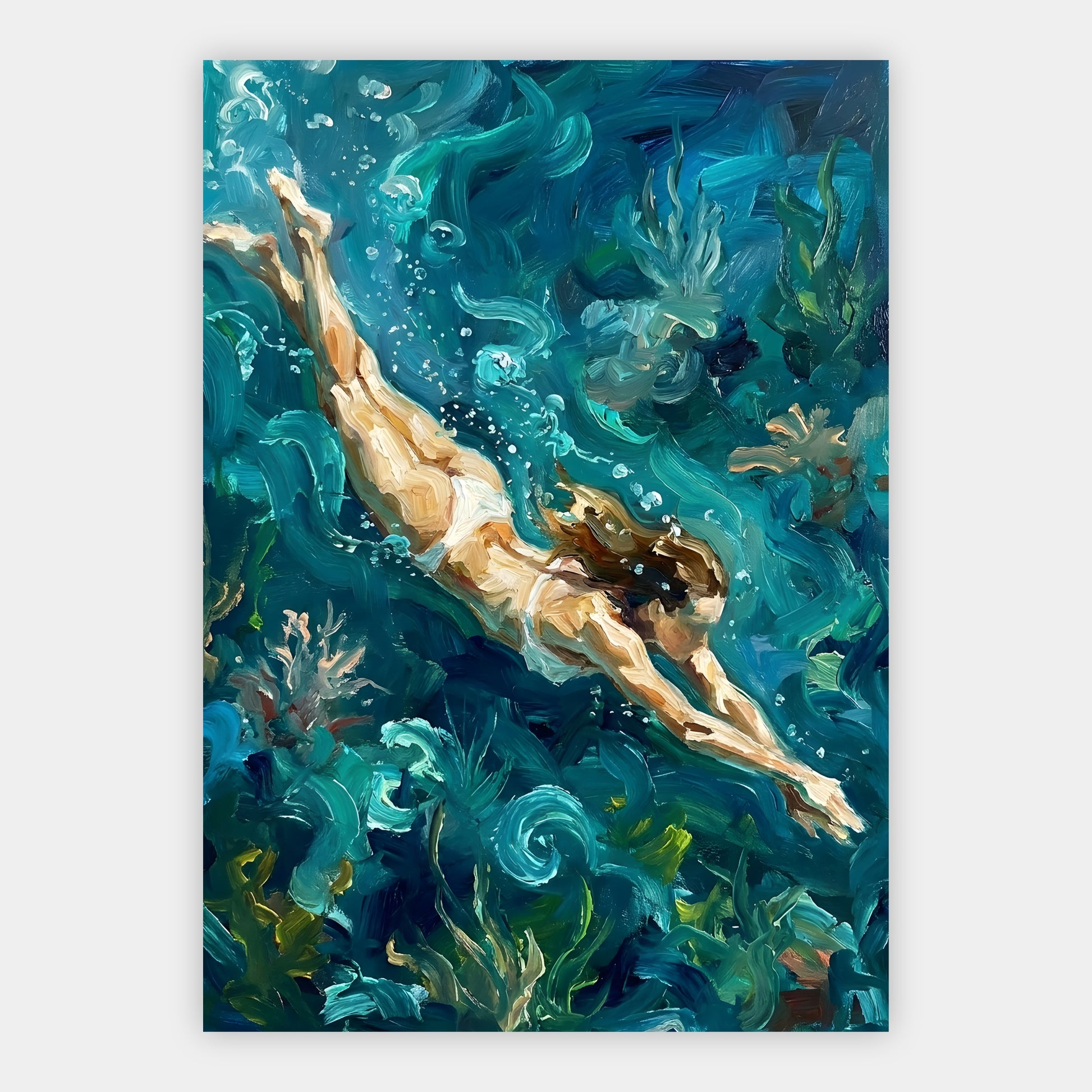 Gemalte Schwimmerin mit Luftblasen schwimmt zur Wasseroberfläche