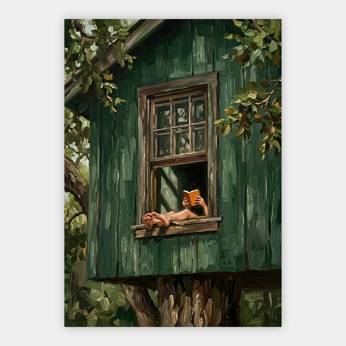 Barfüße und ein Buch in einem efeuumrankten grünen Fensterrahmen