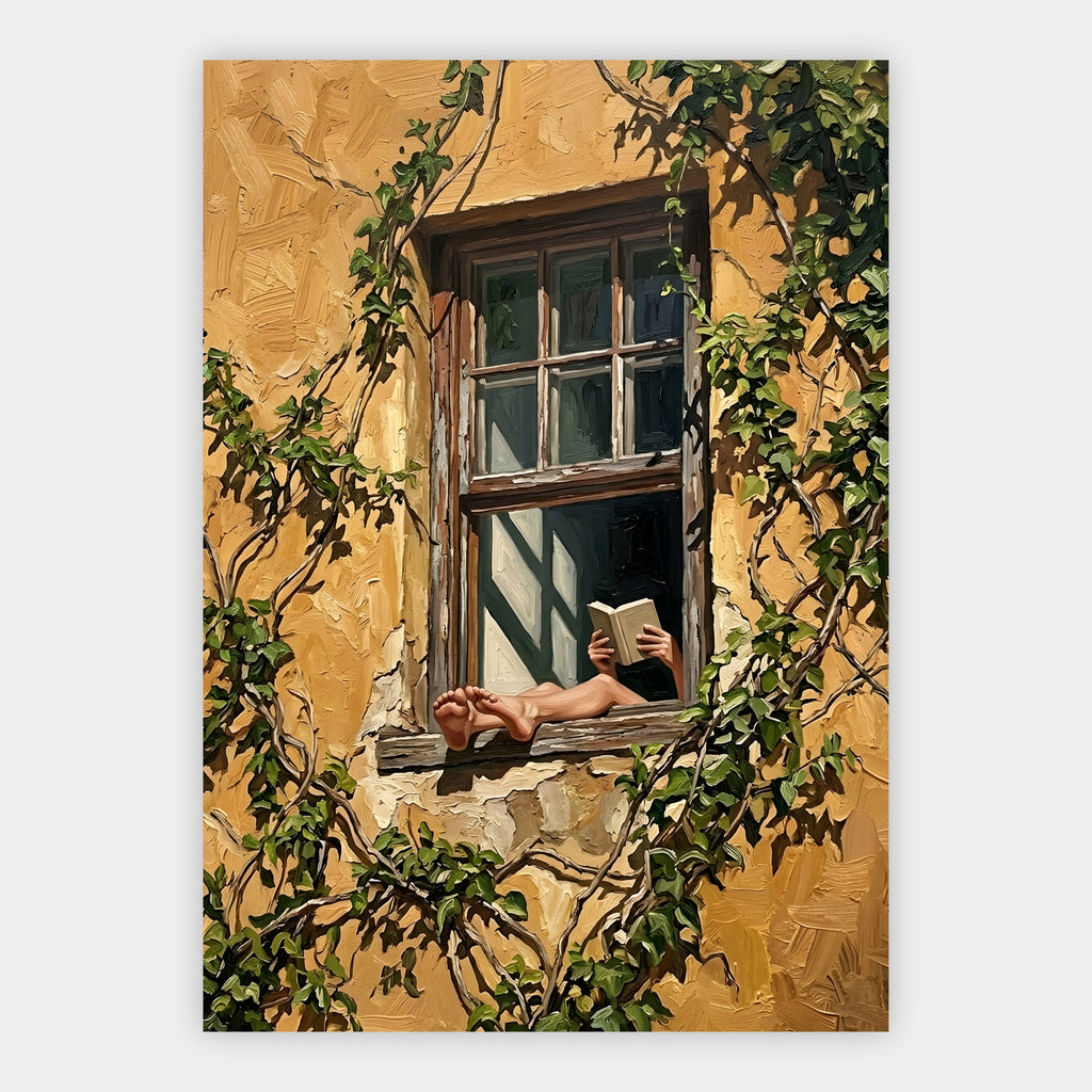 Leserin an einem alten Holzfenster vor gelber, efeuberankter Fassade
