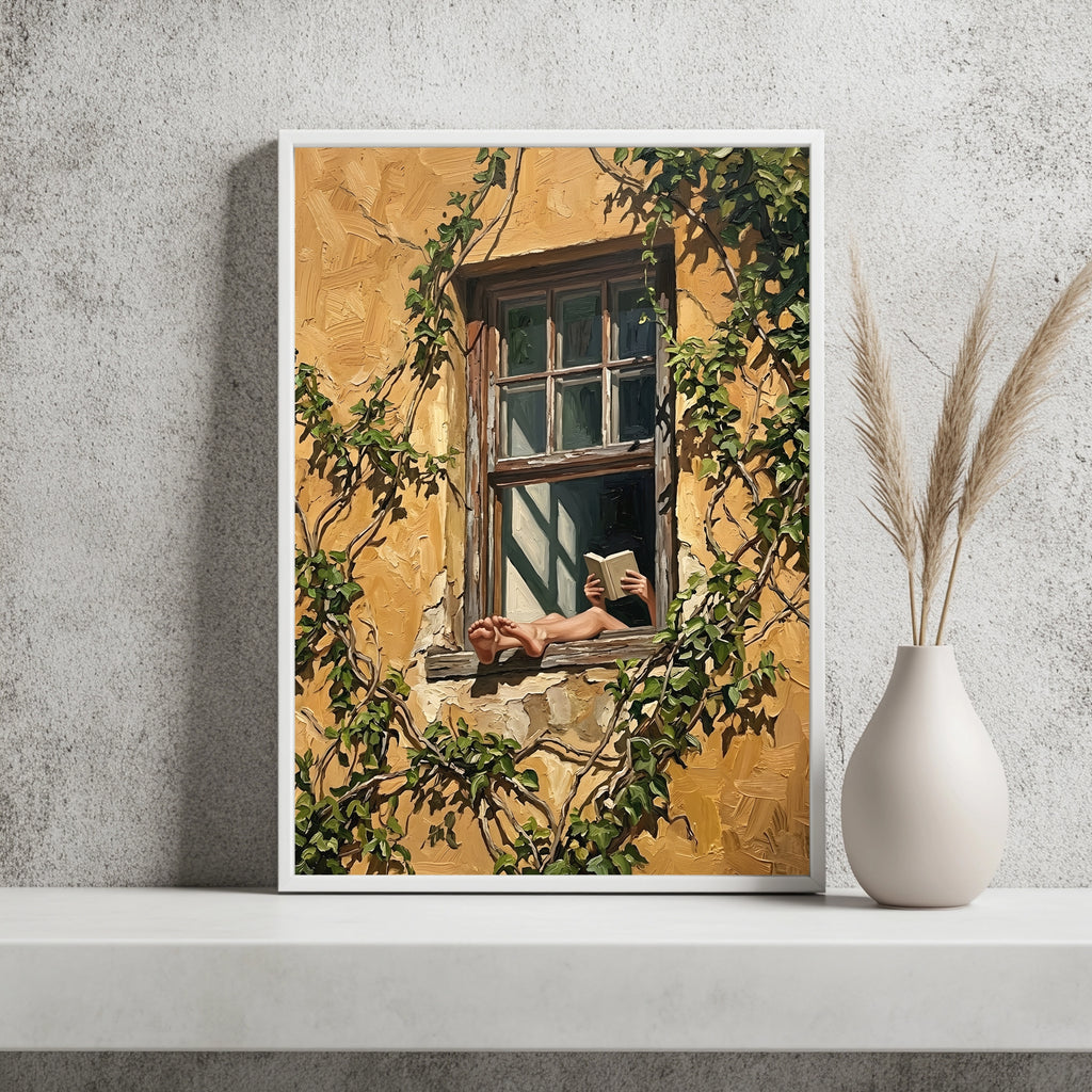 Leserin an einem alten Holzfenster vor gelber, efeuberankter Fassade