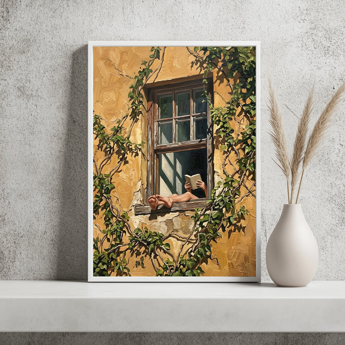 Leserin an einem alten Holzfenster vor gelber, efeuberankter Fassade