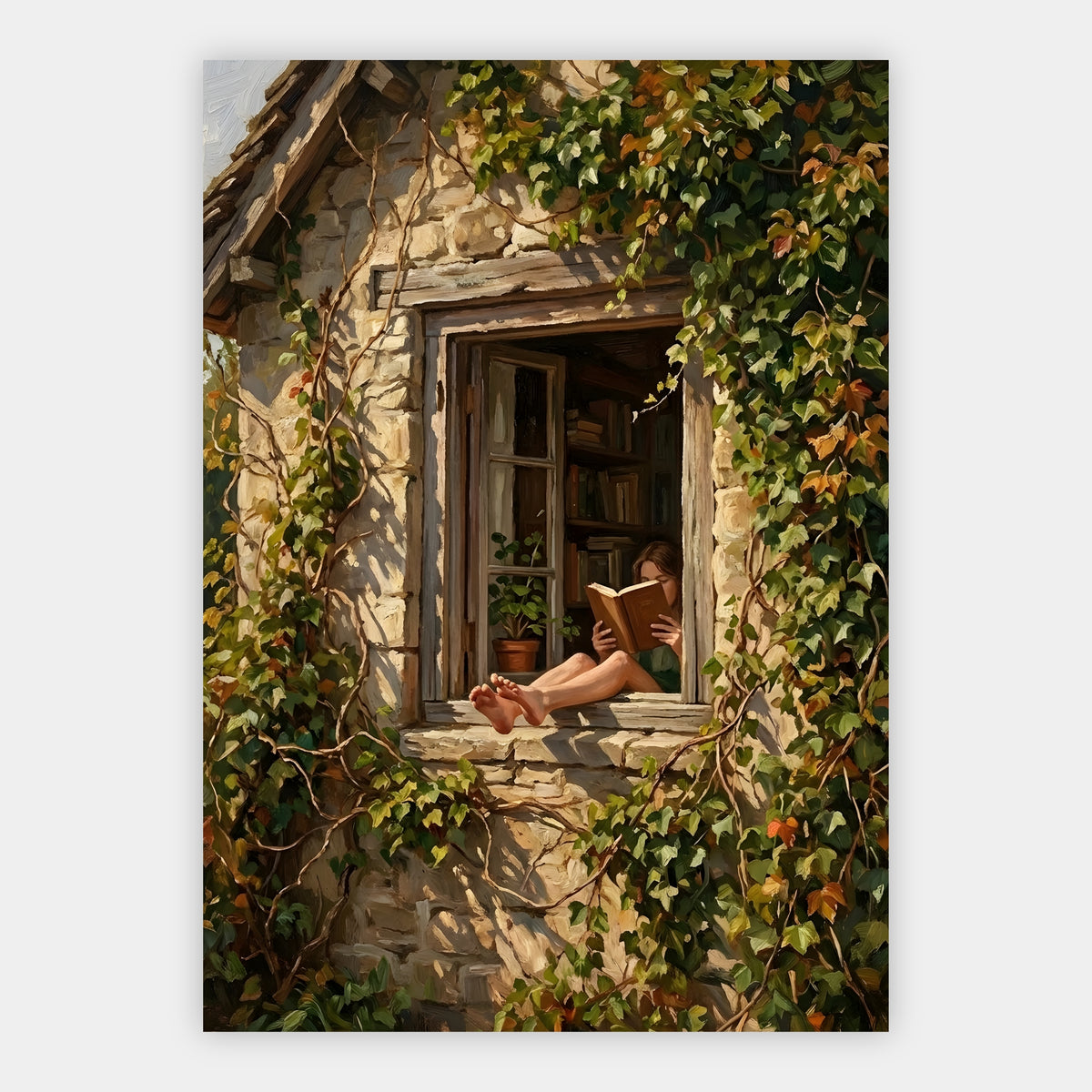Leserin auf einer Fensterbank vor einem Bücherregal, umrankt von wildem Wein