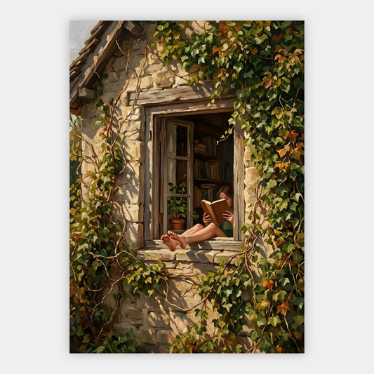 Leserin auf einer Fensterbank vor einem Bücherregal, umrankt von wildem Wein