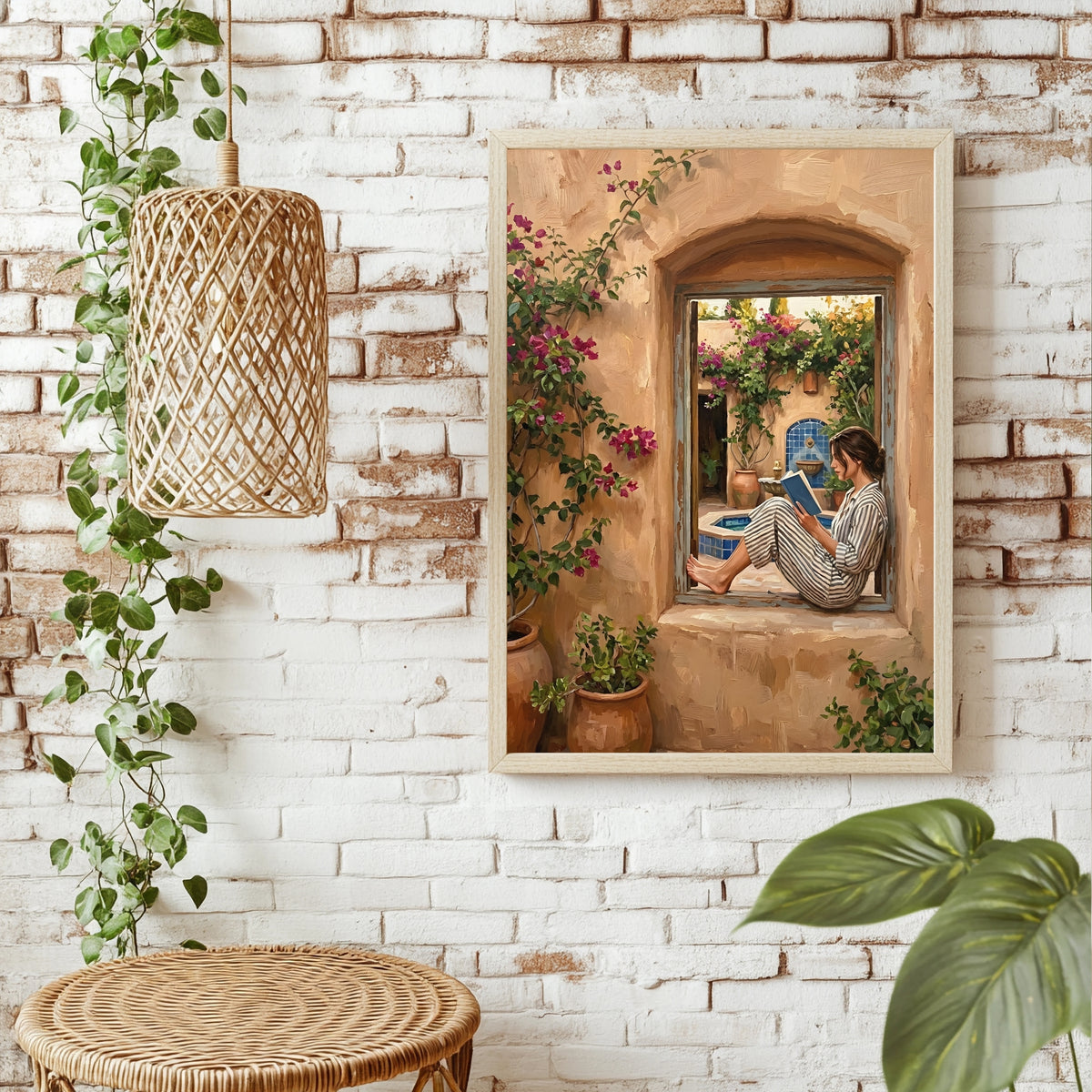 Leserin im Fenster eines Innenhofs mit Bougainvillea und Fliesenbrunnen