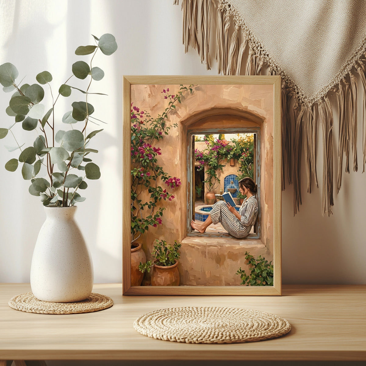 Leserin im Fenster eines Innenhofs mit Bougainvillea und Fliesenbrunnen