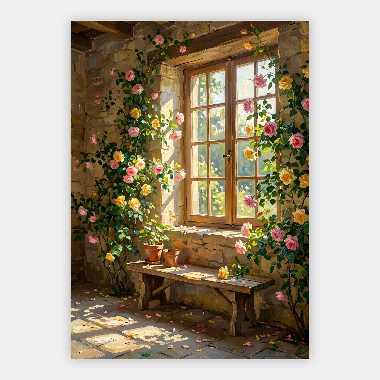 Altes Fenster umrankt von rosa und gelben Rosen mit Blütenblättern am Boden