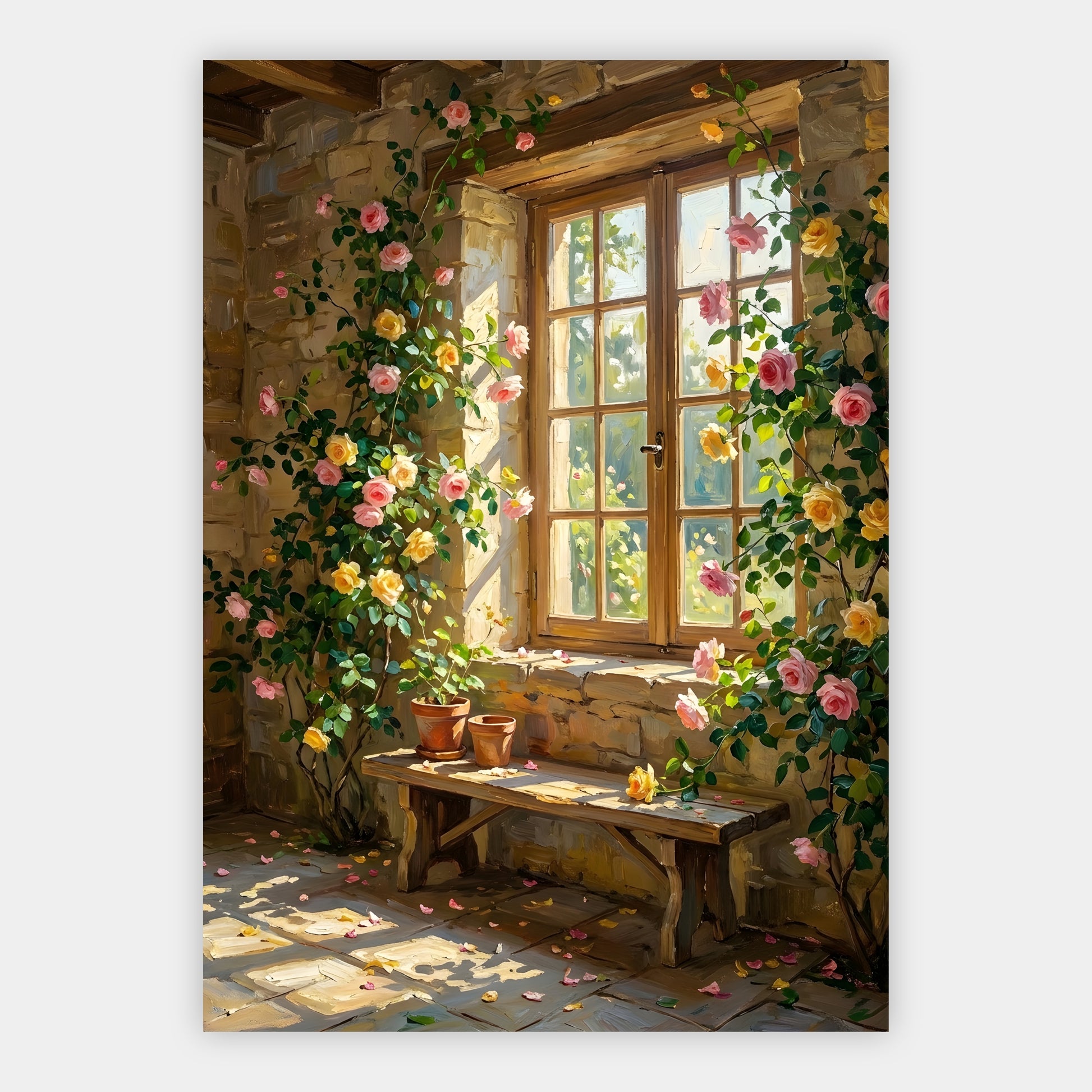 Altes Fenster umrankt von rosa und gelben Rosen mit Blütenblättern am Boden