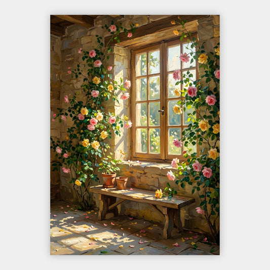 Altes Fenster umrankt von rosa und gelben Rosen mit Blütenblättern am Boden