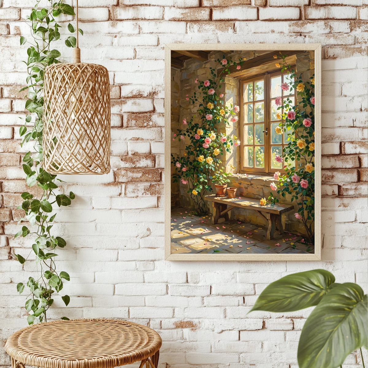 Altes Fenster umrankt von rosa und gelben Rosen mit Blütenblättern am Boden