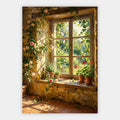 Zartrosa Rosen, Rosmarin und Geranien an einem sonnigen Steinfenster mit Gartenblick