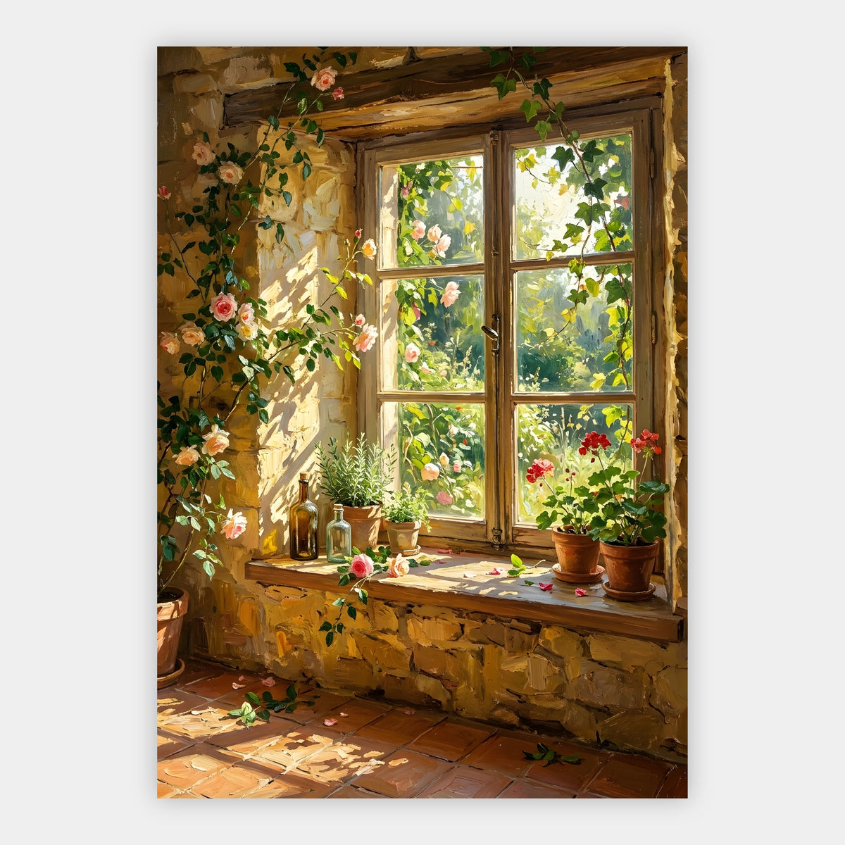 Zartrosa Rosen, Rosmarin und Geranien an einem sonnigen Steinfenster mit Gartenblick