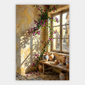 Pinke Bougainvillea an einem Fenster mit Blick auf eine mediterrane Gasse