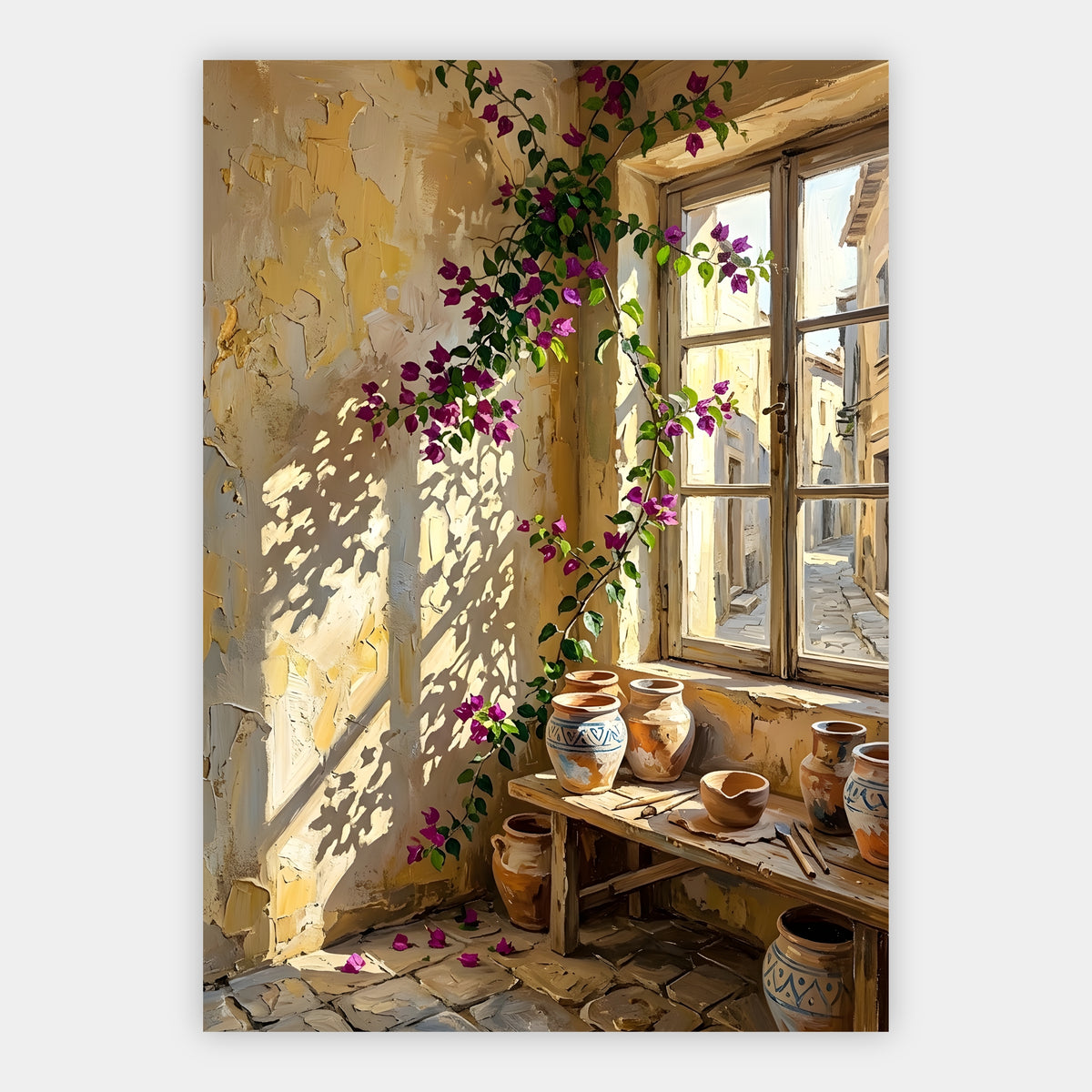 Pinke Bougainvillea an einem Fenster mit Blick auf eine mediterrane Gasse