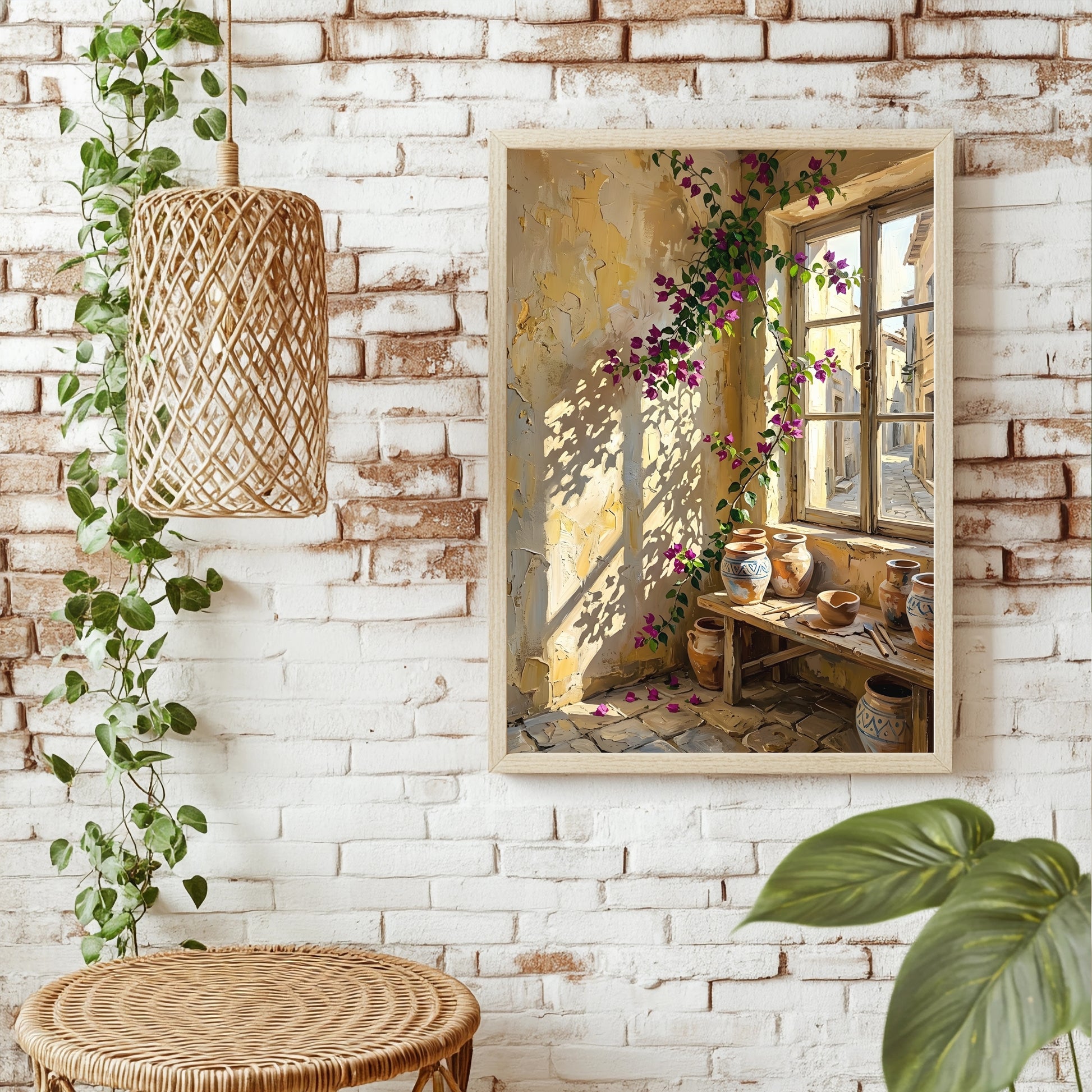 Pinke Bougainvillea an einem Fenster mit Blick auf eine mediterrane Gasse