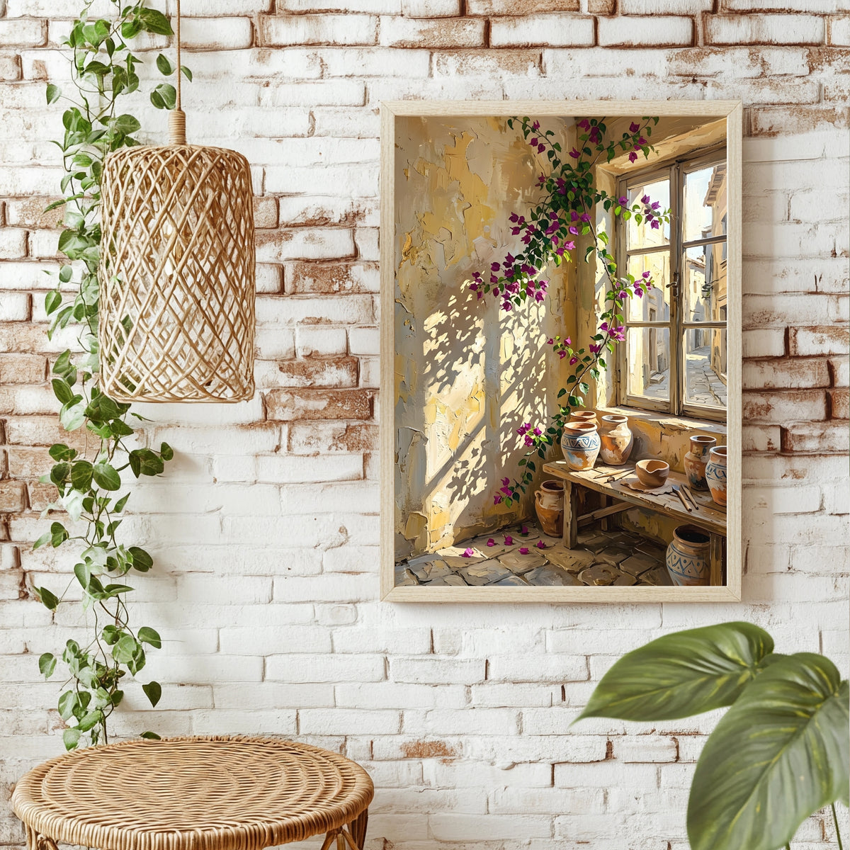 Pinke Bougainvillea an einem Fenster mit Blick auf eine mediterrane Gasse