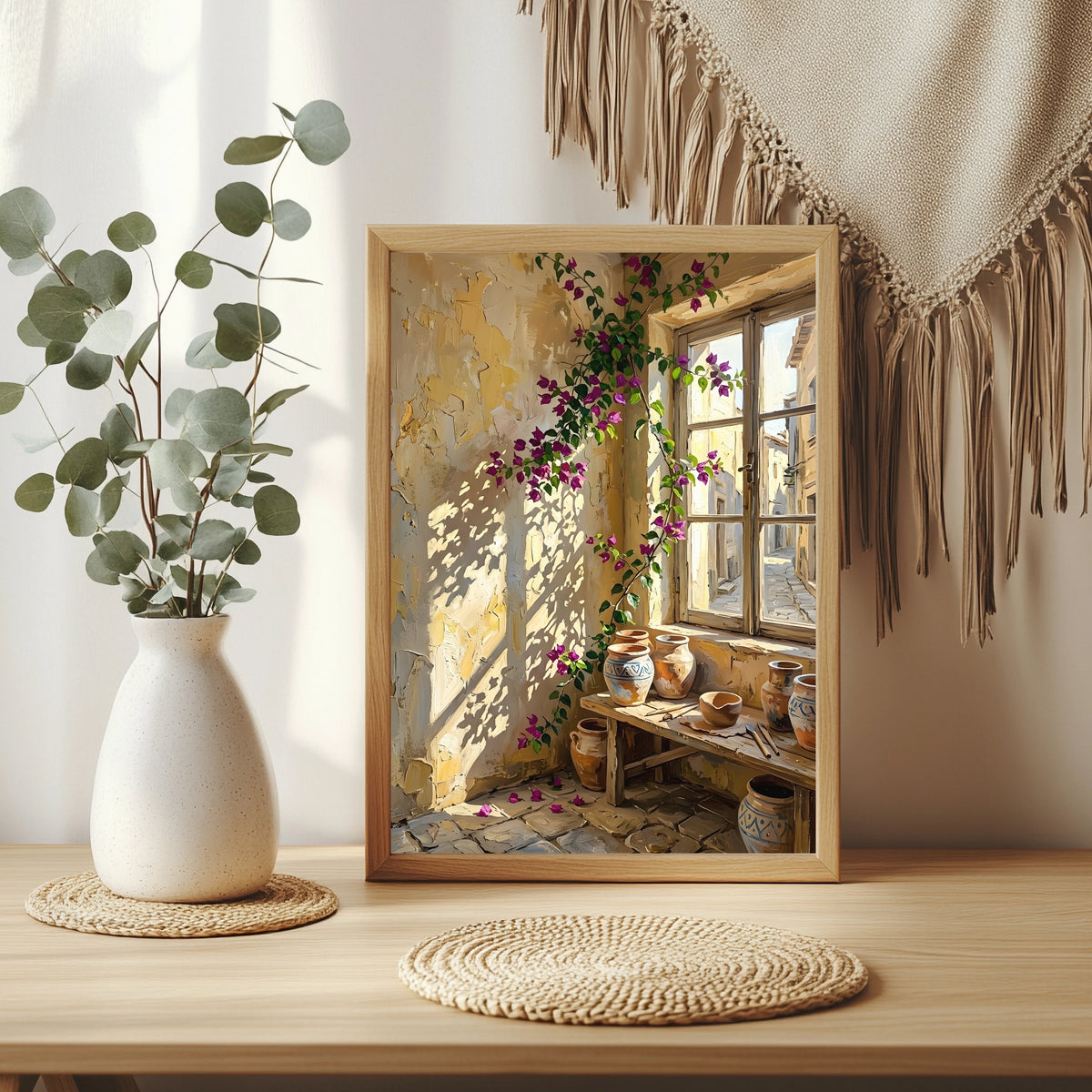 Pinke Bougainvillea an einem Fenster mit Blick auf eine mediterrane Gasse