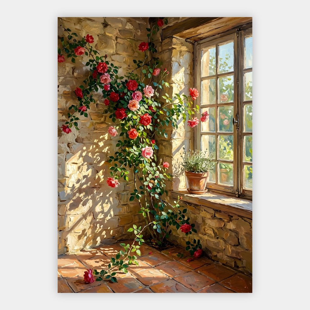 Rote und rosa Kletterrosen an einer sonnenbeschienenen Steinwand
