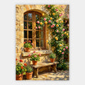Rosenbogen über einem Fenster mit Geranien und Lavendel auf einer Gartenbank
