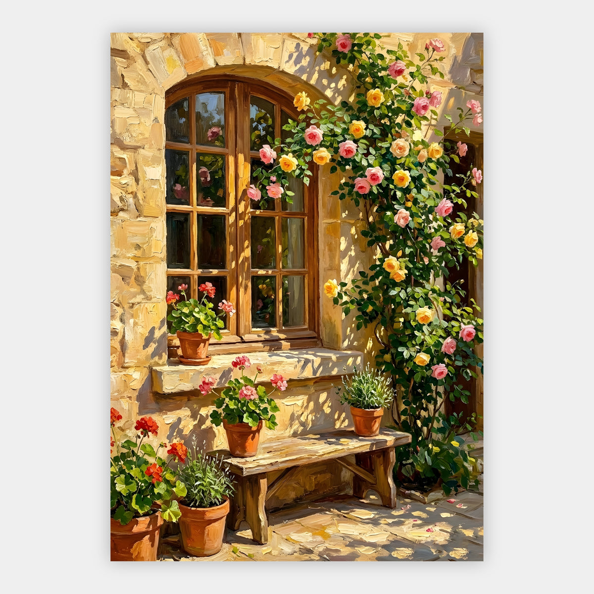 Rosenbogen über einem Fenster mit Geranien und Lavendel auf einer Gartenbank