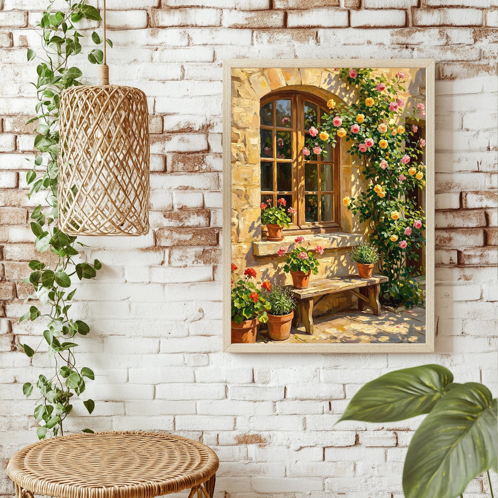 Rosenbogen über einem Fenster mit Geranien und Lavendel auf einer Gartenbank