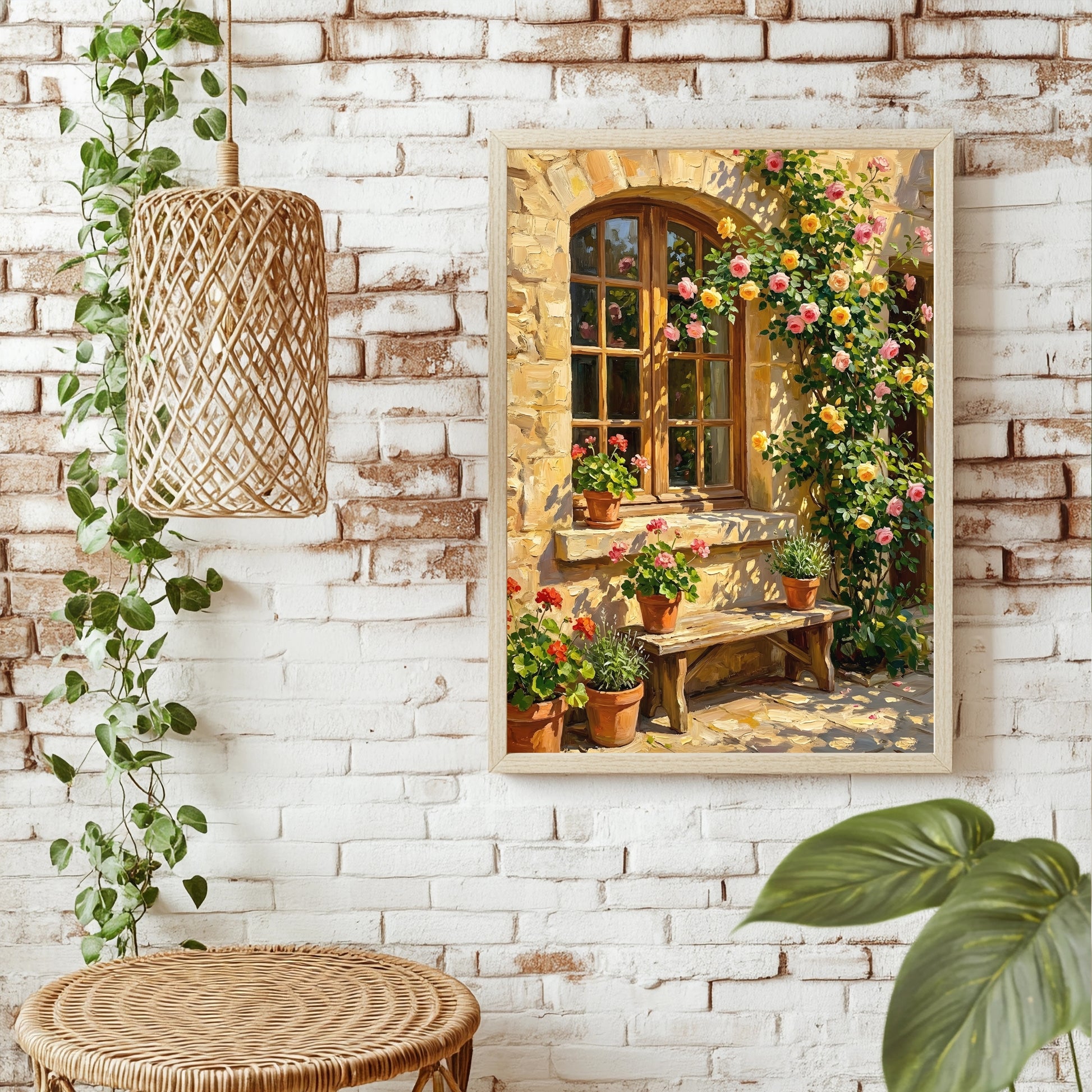 Rosenbogen über einem Fenster mit Geranien und Lavendel auf einer Gartenbank