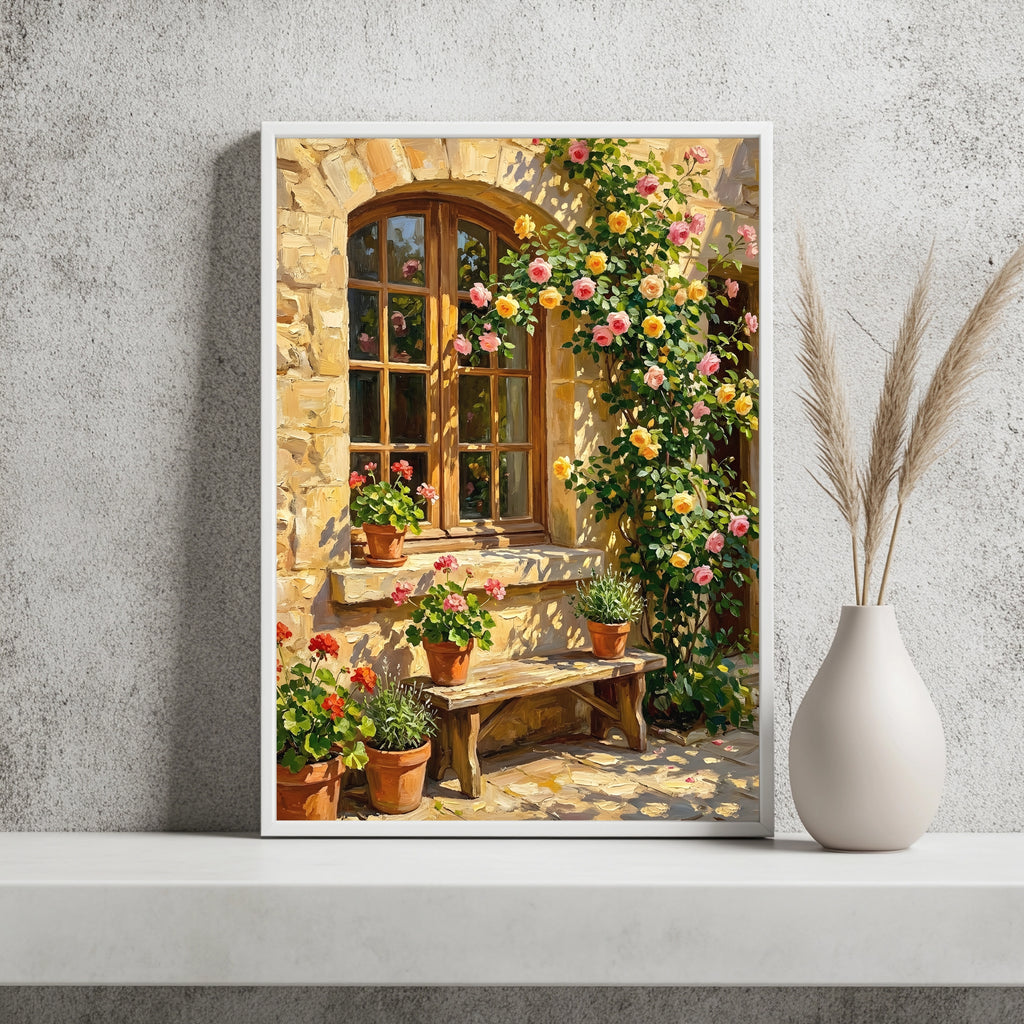 Rosenbogen über einem Fenster mit Geranien und Lavendel auf einer Gartenbank