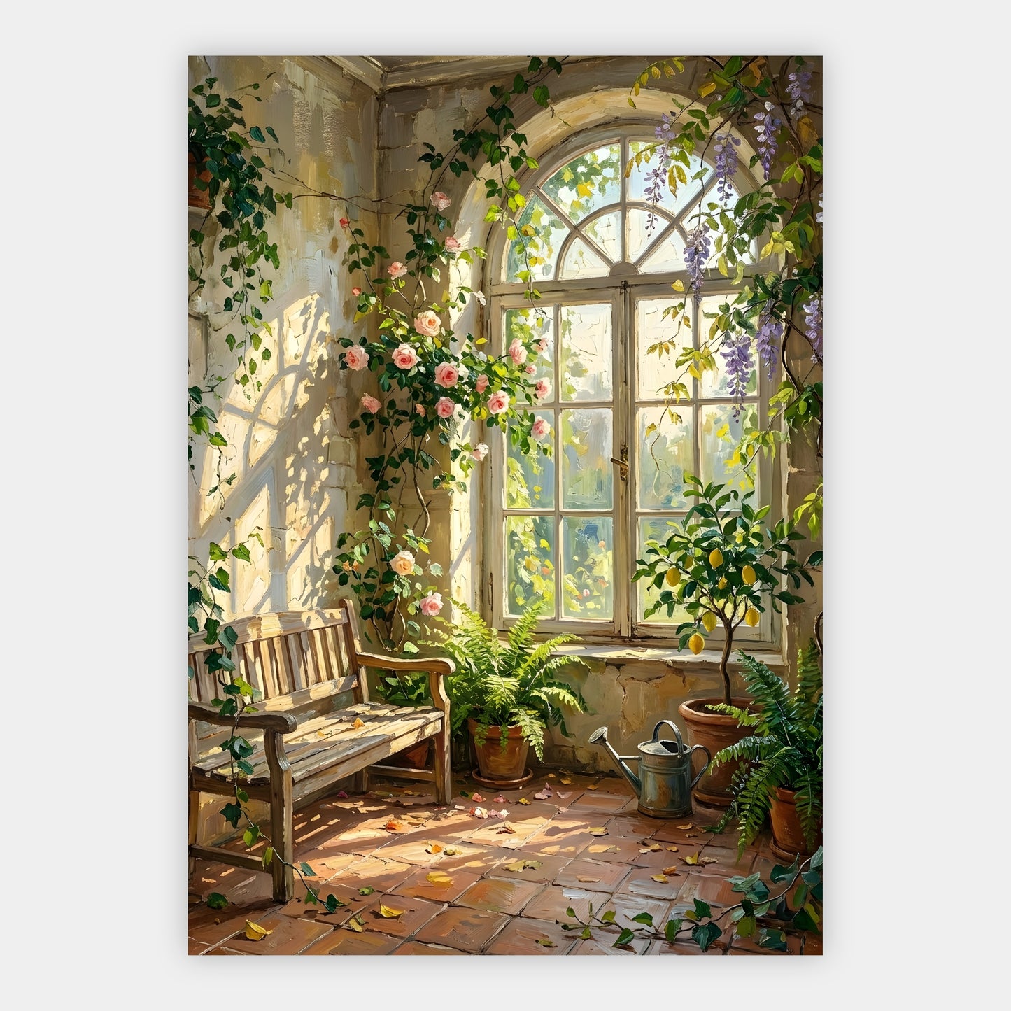 Glyzinien und Rosen um ein Bogenfenster mit Zitronenbaum in einer Orangerie