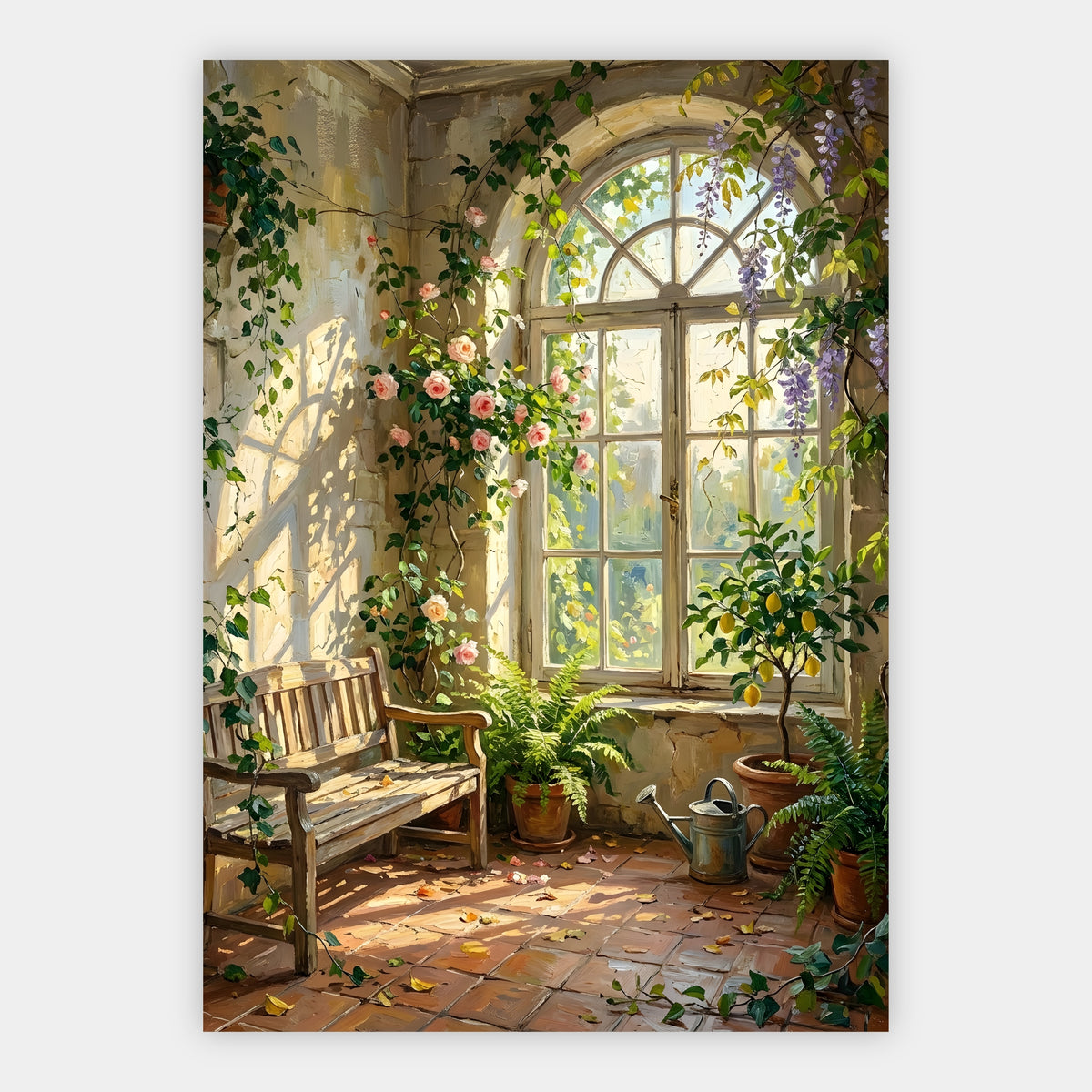 Glyzinien und Rosen um ein Bogenfenster mit Zitronenbaum in einer Orangerie