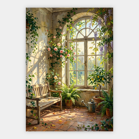 Glyzinien und Rosen um ein Bogenfenster mit Zitronenbaum in einer Orangerie