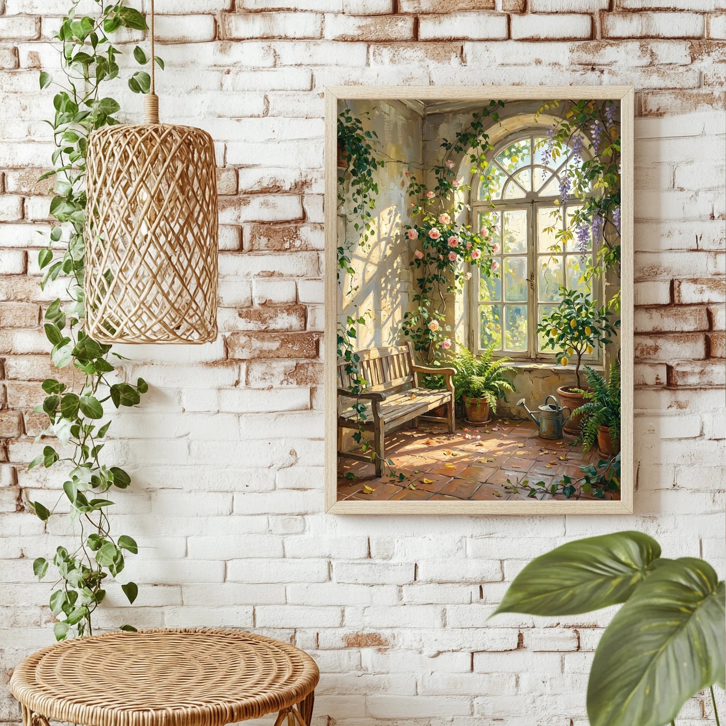 Glyzinien und Rosen um ein Bogenfenster mit Zitronenbaum in einer Orangerie