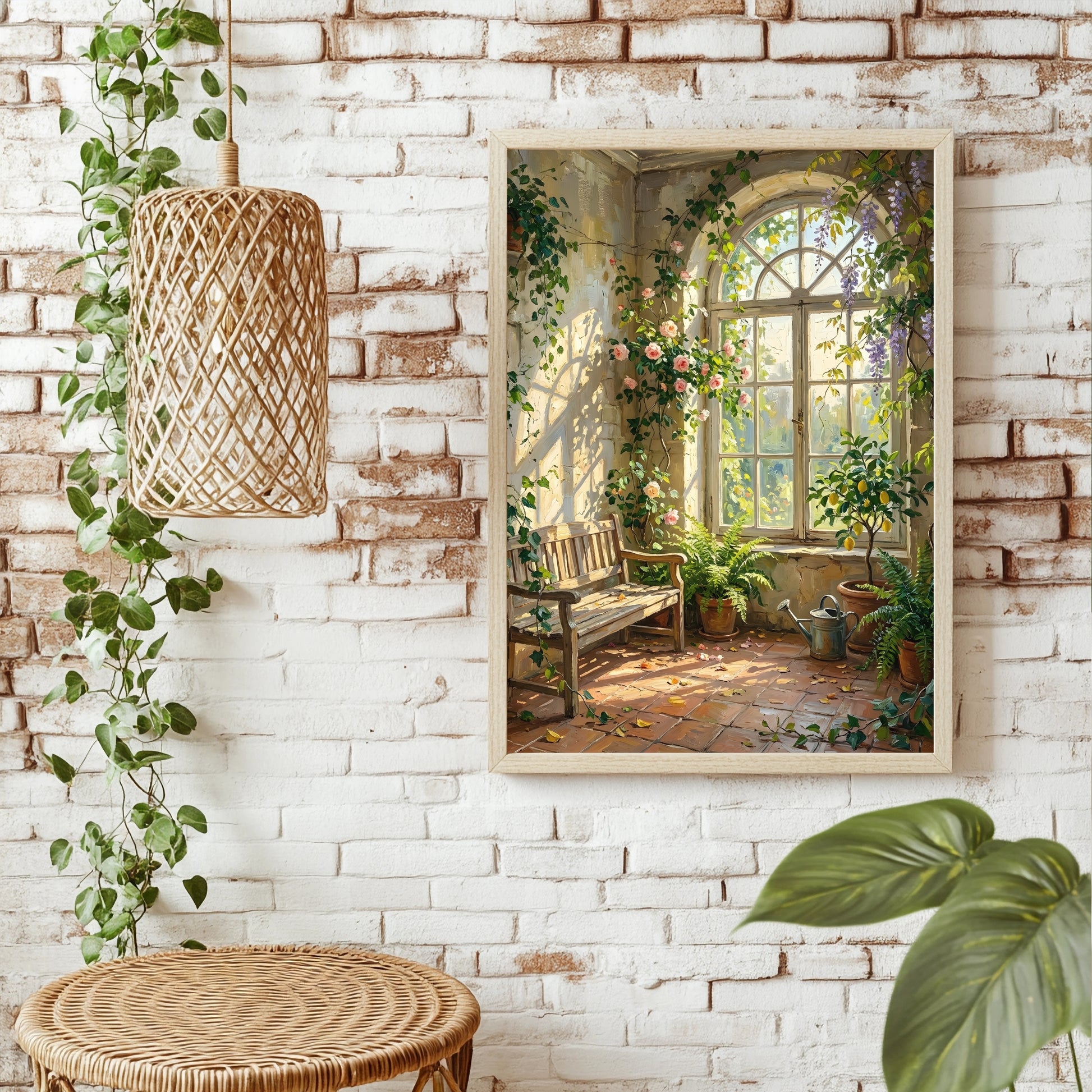 Glyzinien und Rosen um ein Bogenfenster mit Zitronenbaum in einer Orangerie