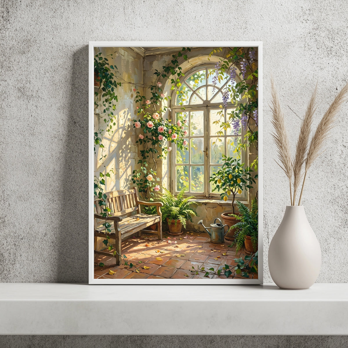 Glyzinien und Rosen um ein Bogenfenster mit Zitronenbaum in einer Orangerie