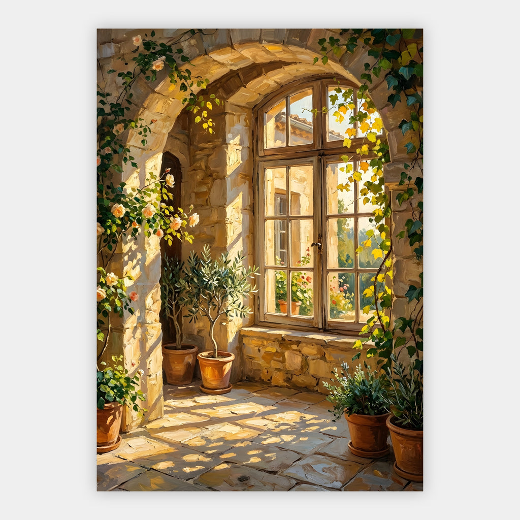 Olivenbaum vor einem rosenumrankten Steinbogen mit Fensterblick in den Garten