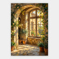 Olivenbaum vor einem rosenumrankten Steinbogen mit Fensterblick in den Garten