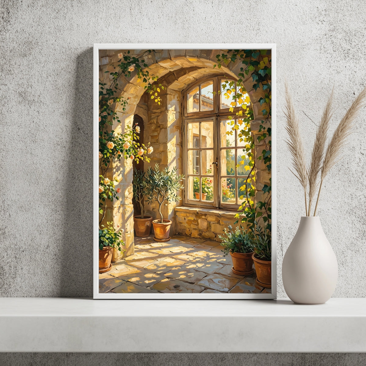 Olivenbaum vor einem rosenumrankten Steinbogen mit Fensterblick in den Garten