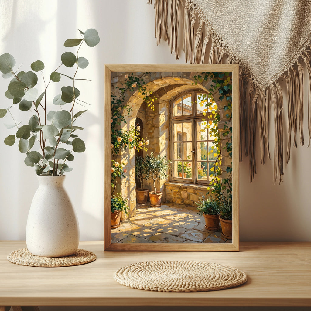 Olivenbaum vor einem rosenumrankten Steinbogen mit Fensterblick in den Garten