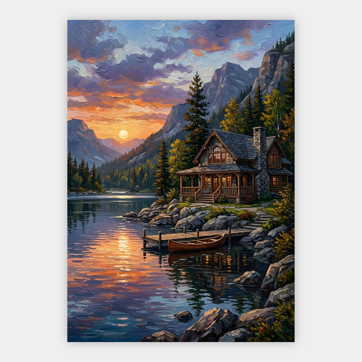 Steinhütte am Bergsee mit Kanu bei Sonnenuntergang