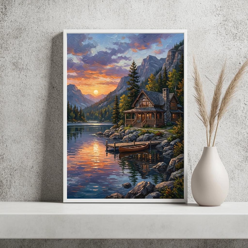 Steinhütte am Bergsee mit Kanu bei Sonnenuntergang