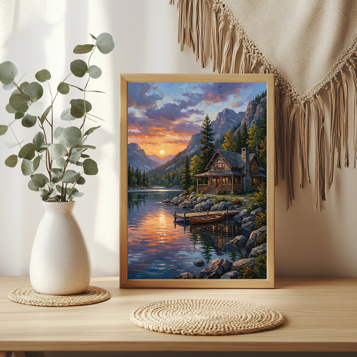 Steinhütte am Bergsee mit Kanu bei Sonnenuntergang