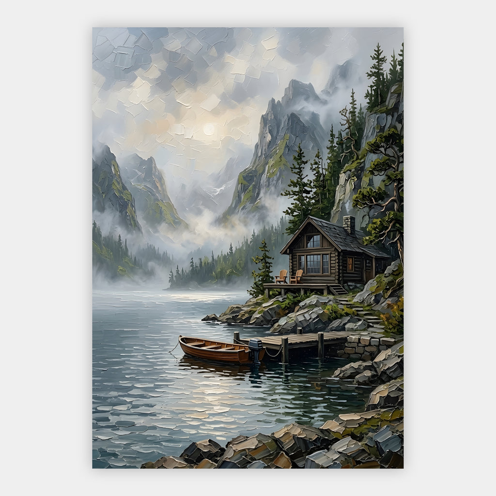 Waldhütte am nebelverhangenen Bergsee mit Ruderboot am Steg